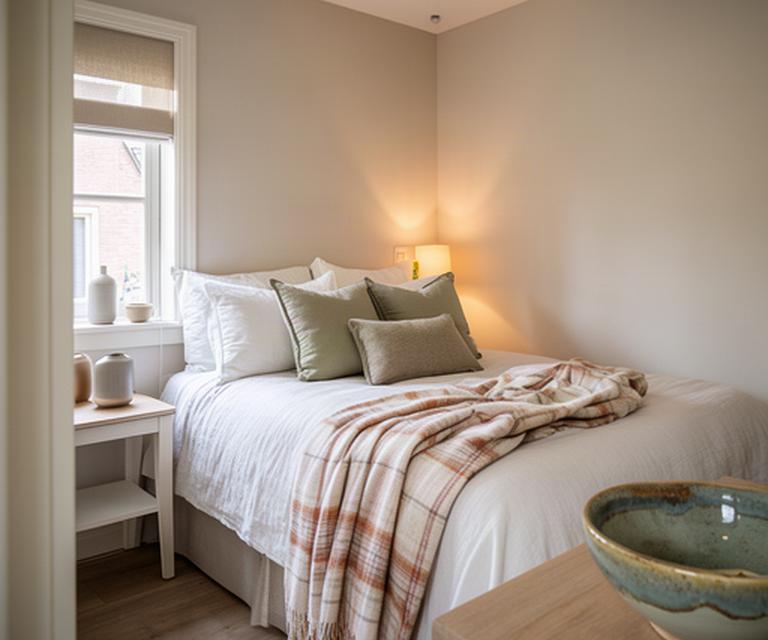 Gastvrije B&B-slaapkamer met neutraal bedlinnen, plaid, kussens en decoratieve schaal