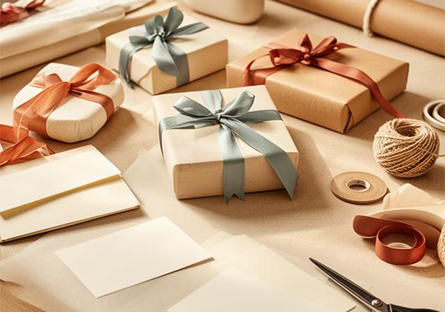 Meerdere zorgvuldig ingepakte wooncadeaus met papier, lint en persoonlijke kaartjes op een werktafel