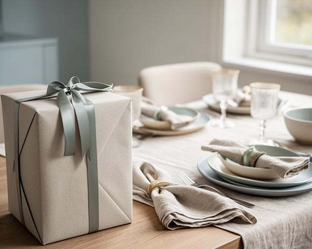Feestelijk ingepakt wooncadeau naast een gedekte tafel met linnen servetten