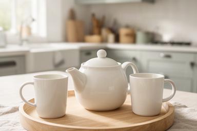 Theetijdset met keramieken theepot, mokken en dienblad op een lichte keukentafel
