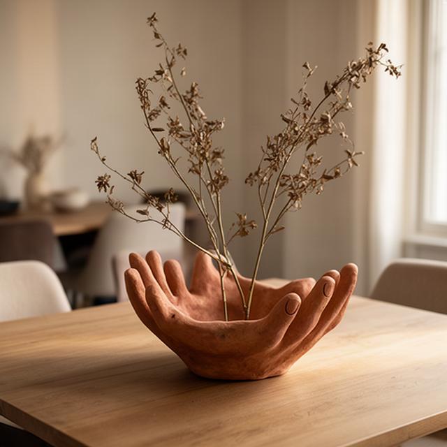 Handgevormde aardewerken decoratieve schaal met gedroogde takken op een eettafel
