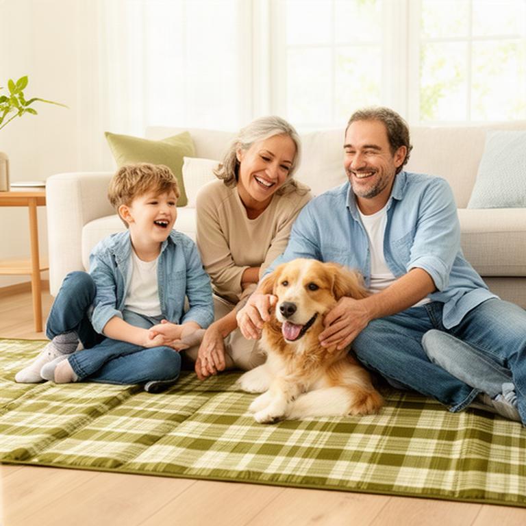 Gezin met kind en hond op een wasbare plaid in een lichte woonkamer