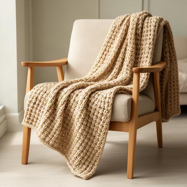 Zandkleurige gebreide plaid over een houten fauteuil in een rustige woonkamer