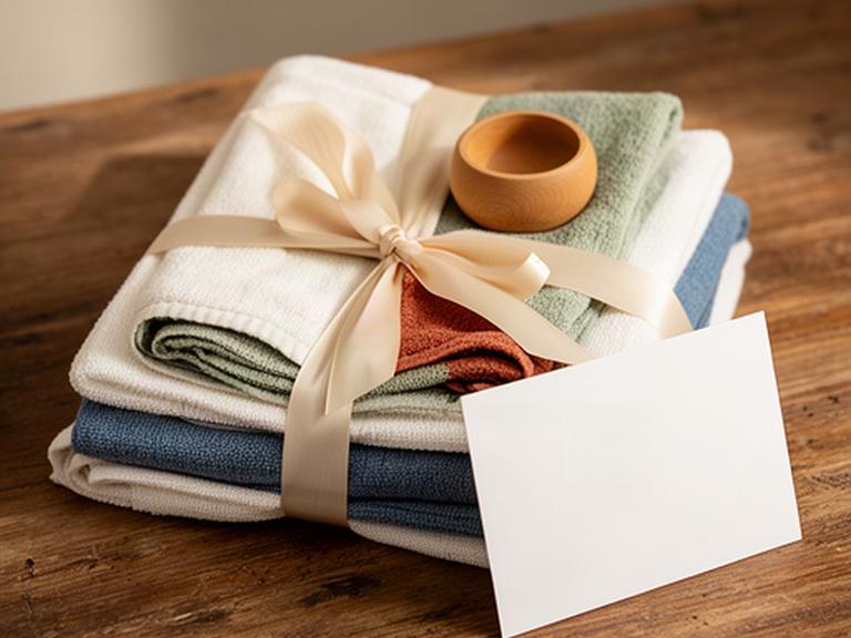 Zakelijke geschenkset met keukenhanddoek, woontextiel, lint en persoonlijk kaartje op een houten tafel