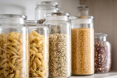 Glazen voorraadpotten met gedroogde pasta en granen op een open keukenplank