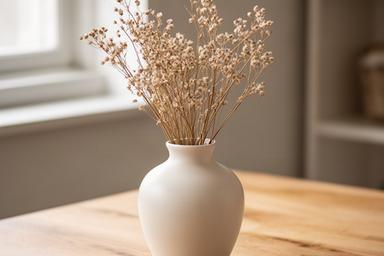 Witte aardewerken vaas met droogbloemen op een houten tafel