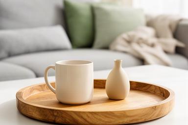 Rond houten dienblad met keramieken mok en klein vaasje in een lichte woonkamer