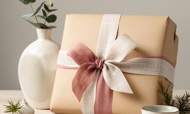 Ingepakt wooncadeau naast een keramieken vaas en kleine woonaccessoires
