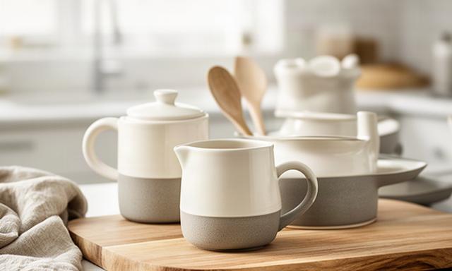 Stijlvolle keramische keukenaccessoires en houten serveerplank op een aanrecht