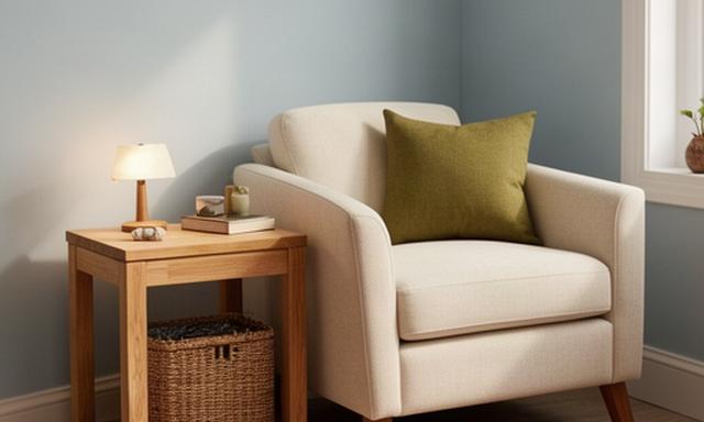 Compact houten bijzettafeltje naast een fauteuil in een slim ingerichte woonkamer