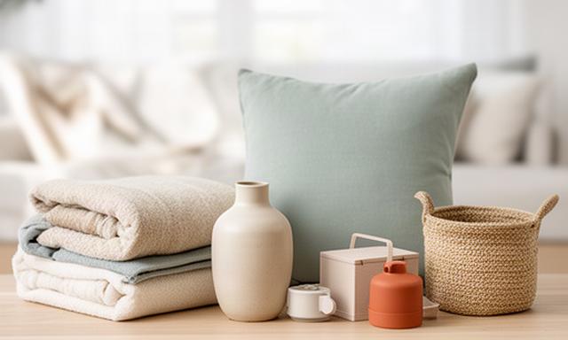 Starterspakket met woontextiel, vaas en praktische accessoires in een lichte woning