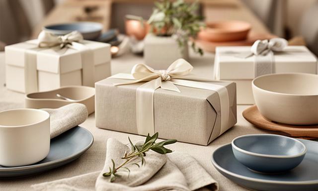 Zakelijke wooncadeausets met keramiek en linnen op een gedekte tafel