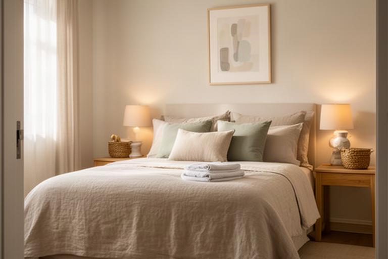 Sfeervolle logeerkamer van een bed and breakfast met linnen beddengoed en rustige accessoires