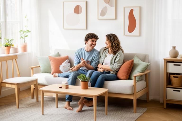 Jong stel in een eerste koopwoning met lichte meubels en betaalbare decoratieve accenten