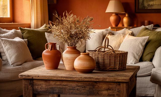 Landelijke woonkamer met warme aardetinten, keramiek en natuurlijk hout