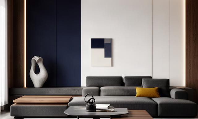 Moderne woonkamer met strakke lijnen, diepe kleuraccenten en minimalistische accessoires