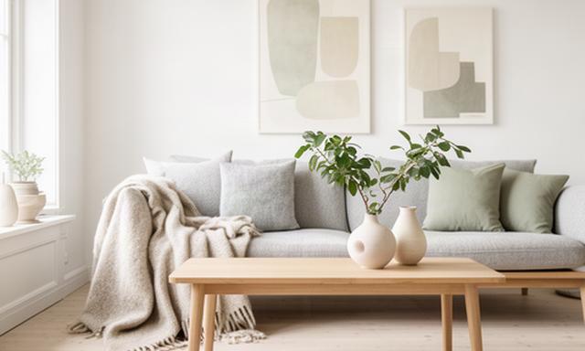 Lichte Scandinavische woonkamer met hout, wol en eenvoudige accessoires