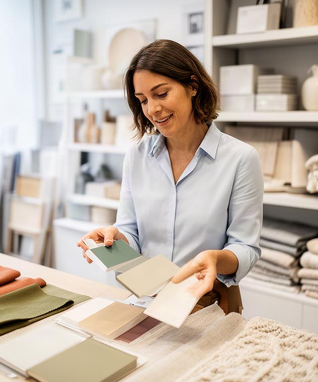 Interieuradviseur in lichte woonwinkel bij kleurstalen en textielmonsters