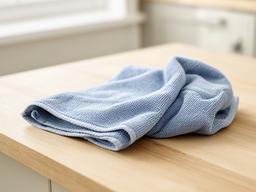 Katoenen keukendoek in zachte blauwe tint naast een houten aanrecht