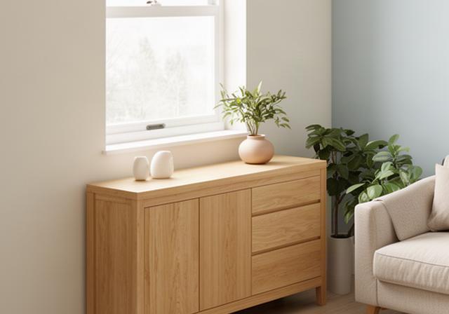 Klein houten dressoir onder een raam in een compacte woonkamer