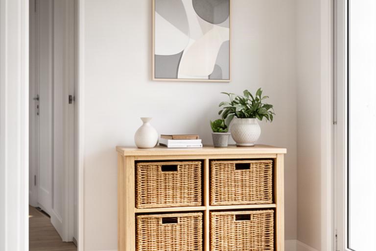 Compacte houten sidetable met manden en woonaccessoires in een lichte hal