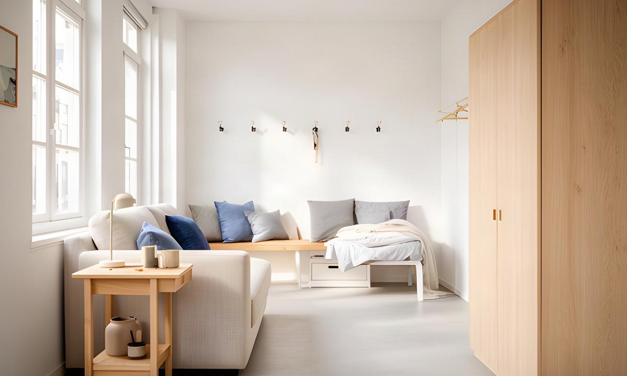 Lichte studio in Brabant met compacte bijzettafel, wandhaken en opbergmeubel