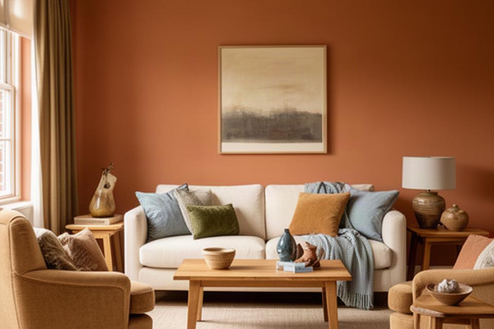 Woonkamer na kleuradvies met warme wandkleur, zachte stoffen en rustige accessoires