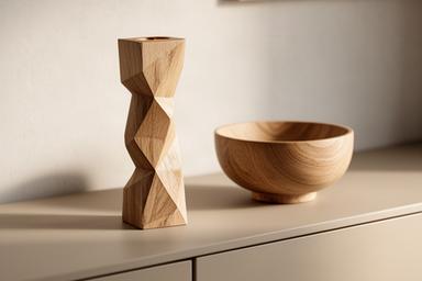 Houten kandelaar en decoratieve schaal op een beige dressoir