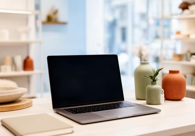 Rustig bureau met laptop, notitieboek en woonaccessoires in een lichte winkelomgeving