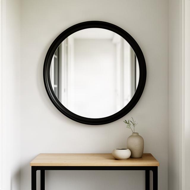 Ronde zwarte spiegel boven een smalle houten sidetable in een hal