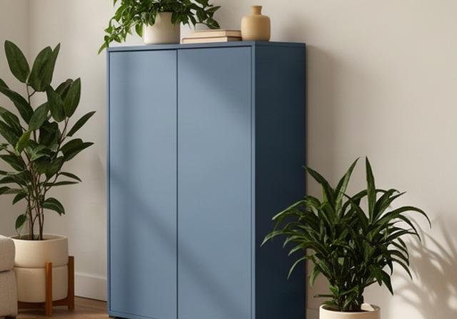 Smalle blauwe opbergkast tegen een woonkamerwand met planten