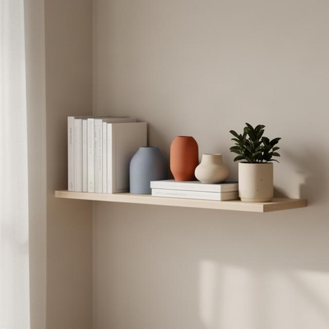 Smal wandrek met boeken en keramiek in een kleine woonkamer