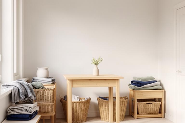 Complete startersinrichting met compacte houten tafel, opbergmanden en textiel in een nieuwe woning