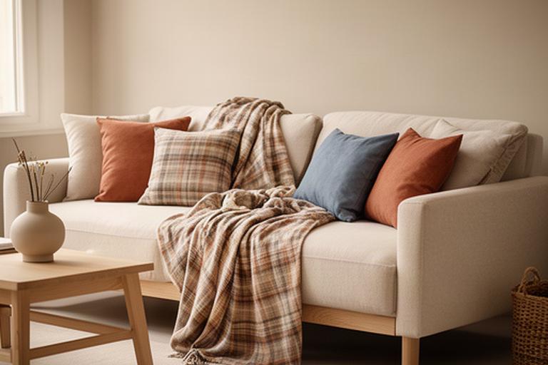 Sfeervolle starterswoonkamer met kussens, plaid, vaas en zachte woontextielen