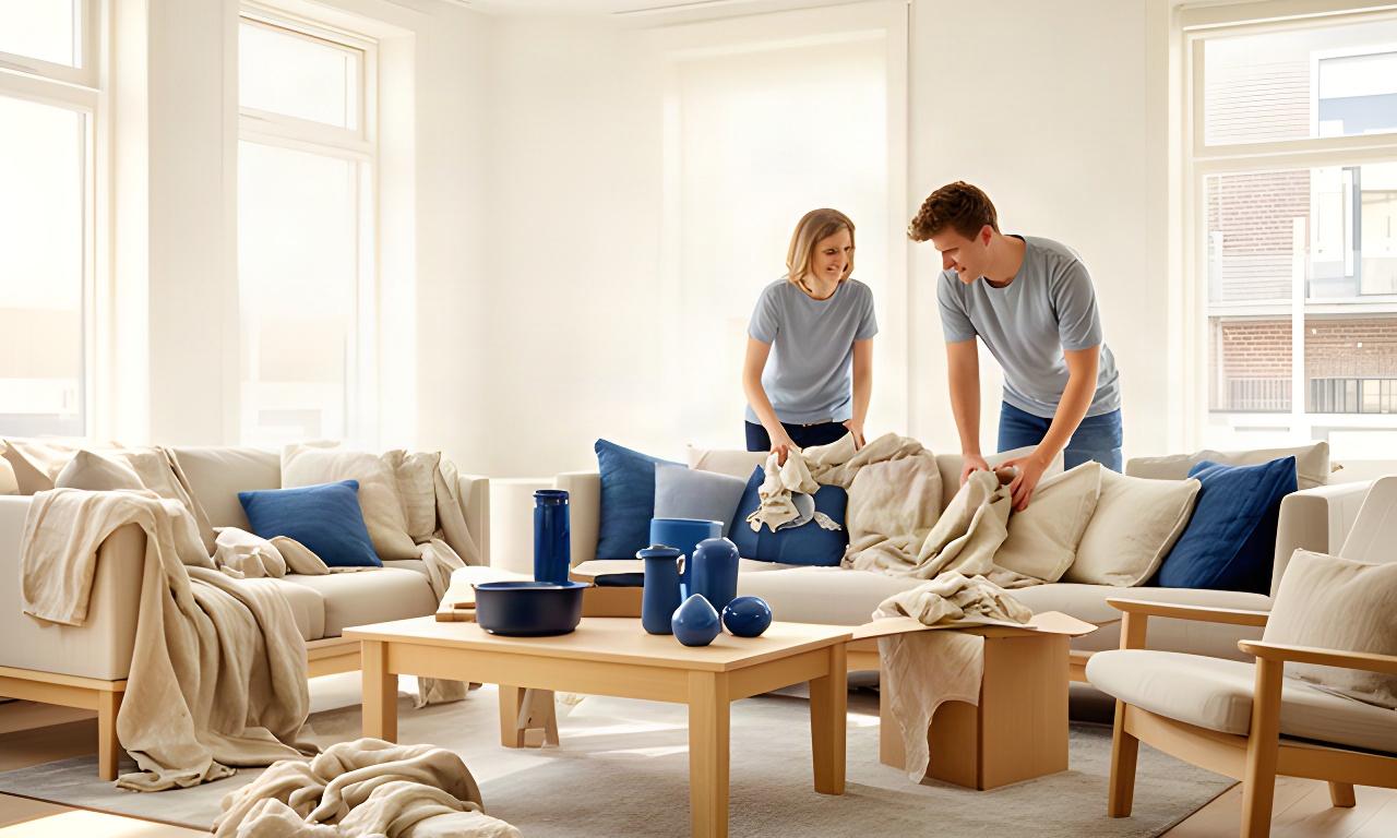 Jong stel richt een lichte woonkamer in met linnen, houten meubels en blauwe woonaccessoires