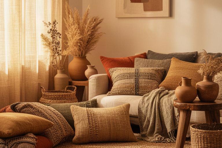 Bohemian zithoek met geweven kussens, natuurlijke texturen en aardse woonaccessoires