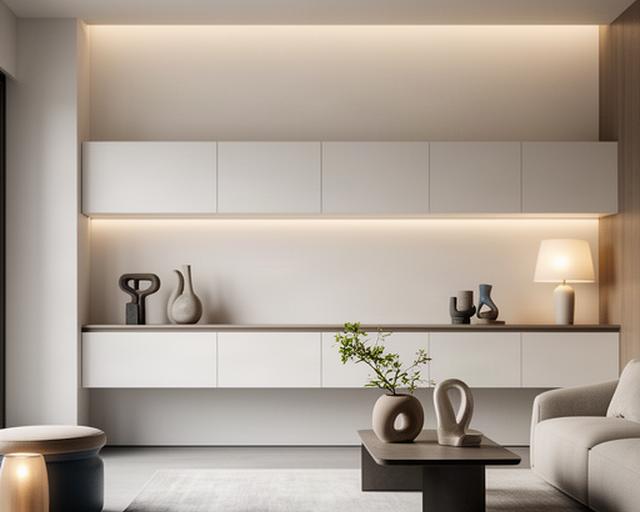 Modern interieur met strakke kast, zachte verlichting en ingetogen decoratie