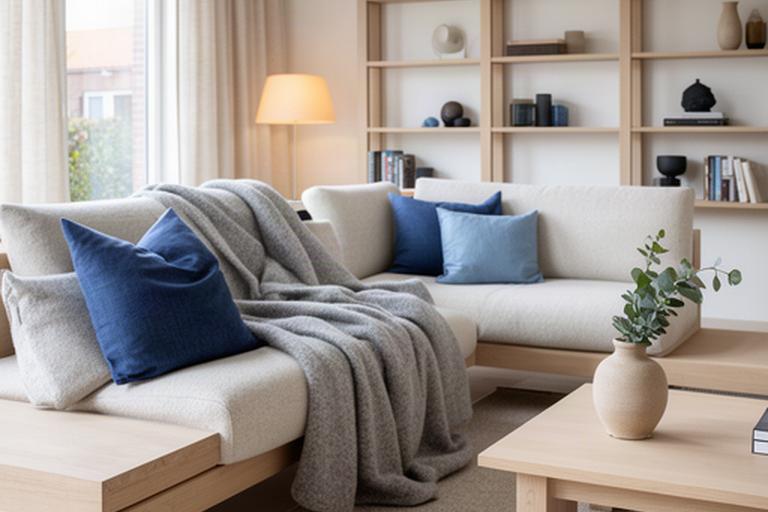 Scandinavische woonkamer in Drunen met lichte houtsoorten, wol en rustige blauwe accenten