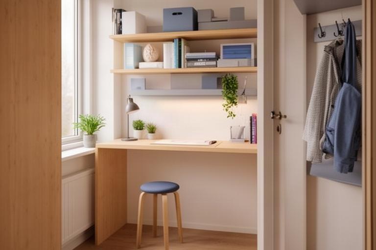 Studentenkamer in Tilburg met wandrek, kruk en smal bureau bij een raam