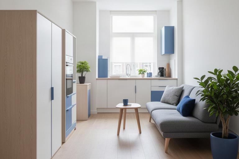 Studio in Den Bosch met smalle kast, compacte tafel en rustige blauwe accenten