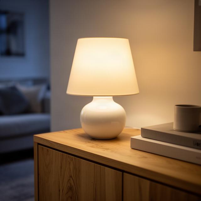 Roomwitte keramieken tafellamp met warm licht op een houten kastje