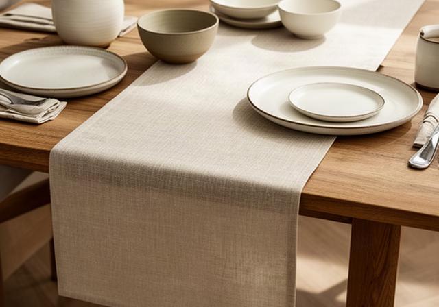 Natuurlijke linnen tafelloper op een houten eettafel met keramieken servies