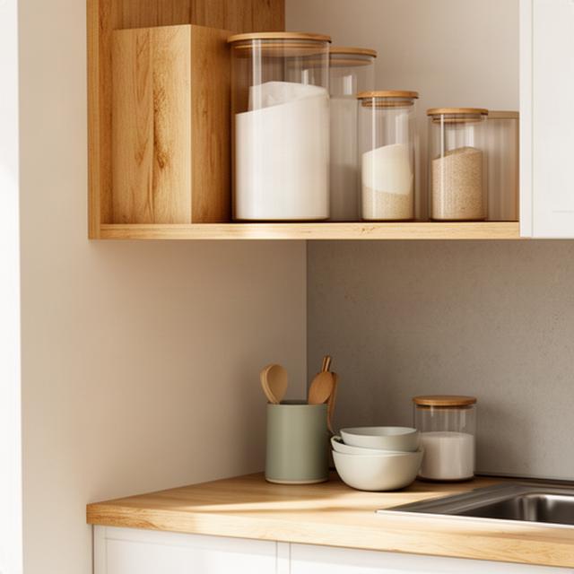Houten wandrek met voorraadpotten boven een compacte keukenplank