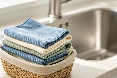 Wasbare schoonmaakdoeken opgevouwen in een mand naast een keukenwasbak