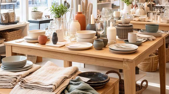 Licht winkelinterieur in Drunen met linnen, servies en decoratieve accessoires op houten tafels