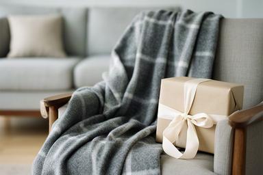 Grijze wollen plaid over een fauteuil naast een ingepakt cadeau in een rustige woonkamer