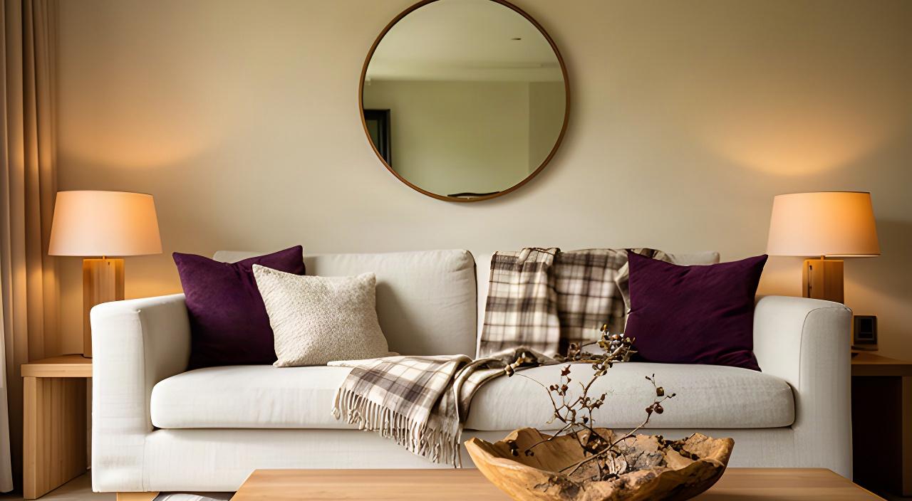 Warme woonkamer in Drunen met kussens, plaid, spiegel, sfeerverlichting en decoratieve schaal